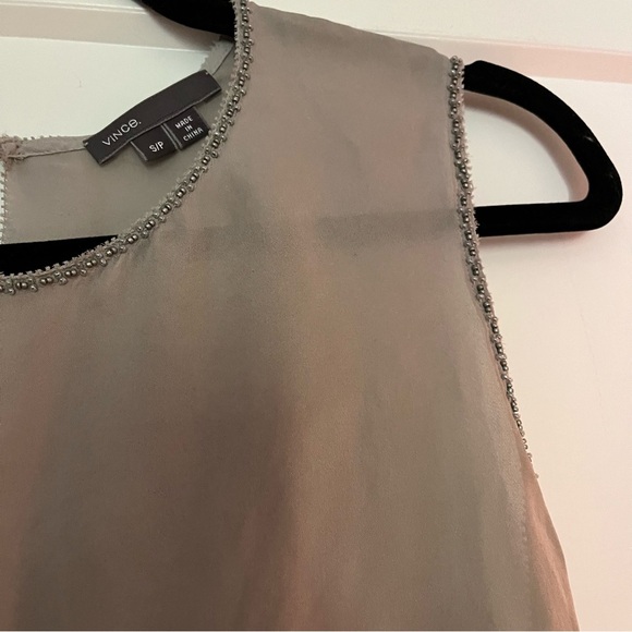 Vince Taupe 💯 Silk Minimalist Blouse with beaded Trim - Picture 3 of 8